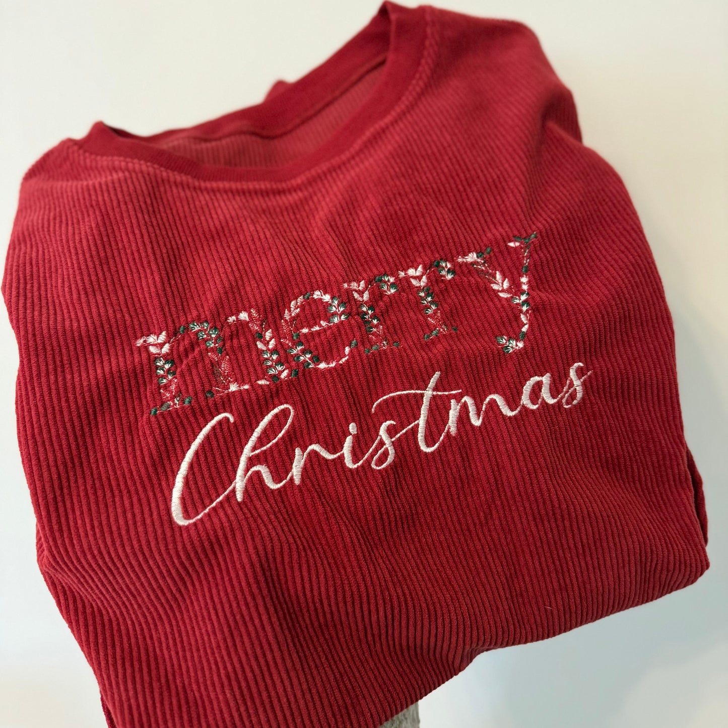 Merry Christmas Floral Embroidered Corded Crew