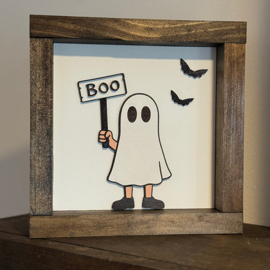 Boo Ghost Skeleton Wood Sign
