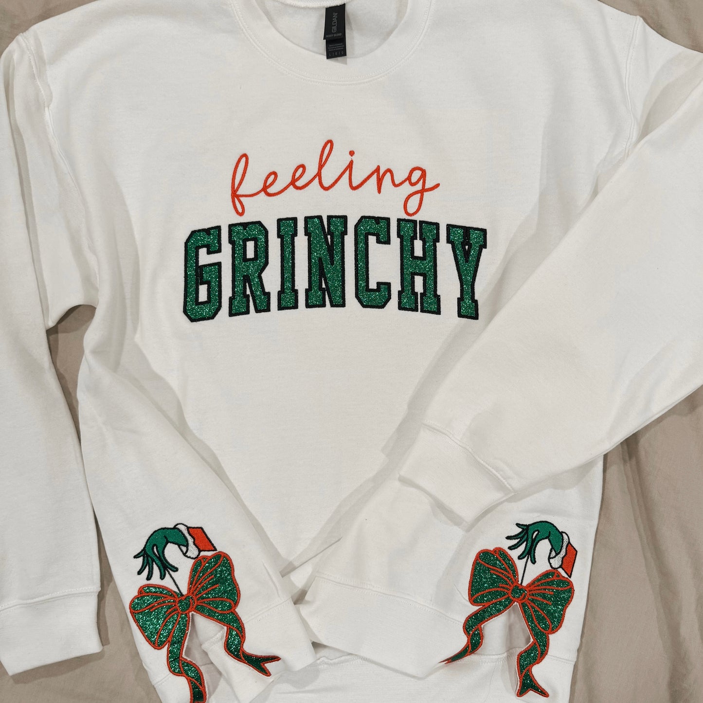 Embroidered feeling grinchy Crew with side bows