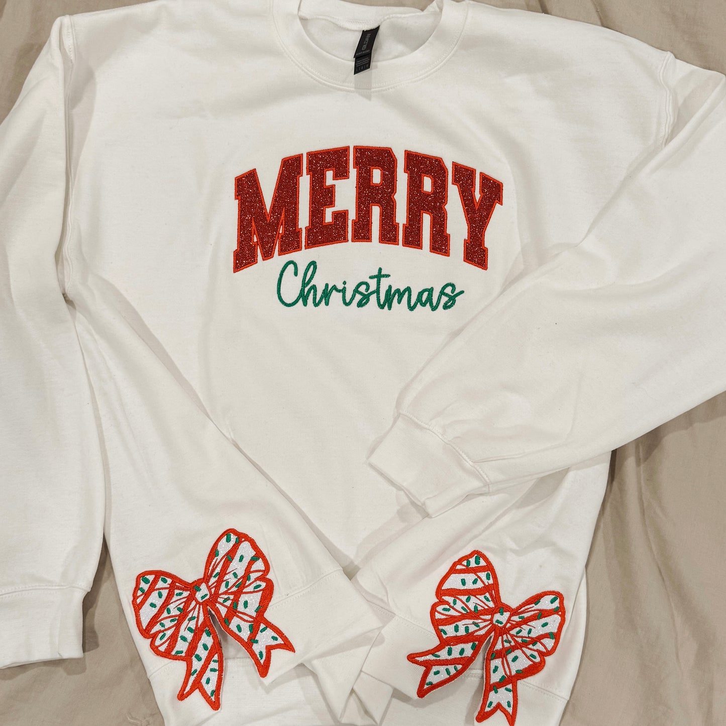 Embroidered Merry Christmas Crew with side bows